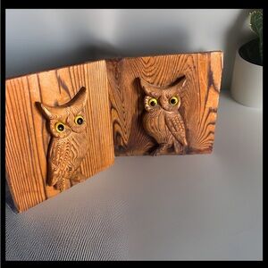 Mid-Century Rustic Carved Owls with Googly Eyes | Vintage Wooden Owl Bookends